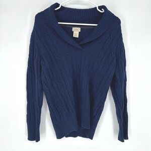 LL Bean Navy Cable Knit Lambswool Blend‎ Sweater Women Medium Shawl Collar